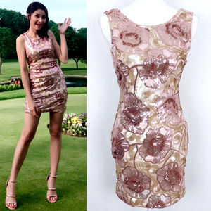 Ark & Co. Rose Pink Sequin Floral Short Dress Women Small Sleeveless Party Dress